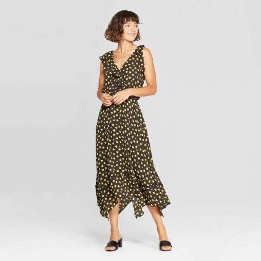 Who What Wear Floral Print Shark Bite Hem Midi Dress Size M Medium Yellow Black